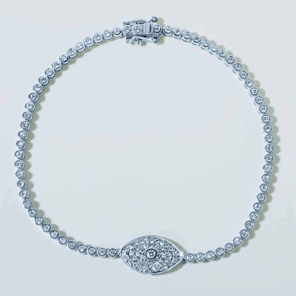 Solid 14K Gold  Natural Diamond Evil Eye Tennis Bracelet
